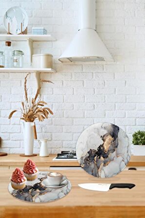 Çap 32 cm Siyah Yaldızlı Mermer Desenli Cam Kesme Tablası