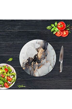 Çap 32 cm Siyah Yaldızlı Mermer Desenli Cam Kesme Tablası