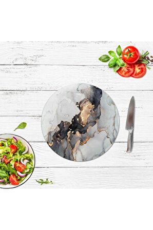 Çap 32 cm Siyah Yaldızlı Mermer Desenli Cam Kesme Tablası