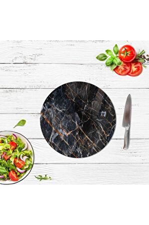 Dekoratif Cam Kesme Tahtası Yaldızlı Mermer Çap 32 cm | Cam Kesme Tablası