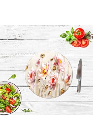 Dekoratif Cam Kesme Tahtası Ballı Çiçekler Çap 32 cm | Cam Kesme Tablası