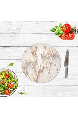 Dekoratif Cam Kesme Tahtası Yapay Çiçekler Çap 32 cm | Cam Kesme Tablası