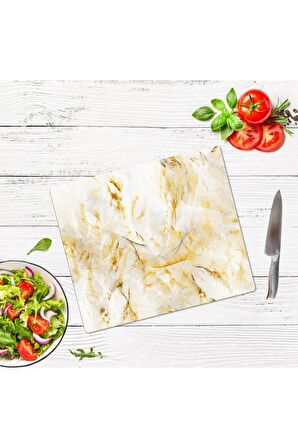 Dekoratif Cam Kesme Tahtası Beyaz Altın Mermer 29 x 34 cm | Cam Kesme Tablası