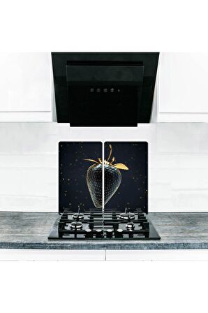  Cam Ocak Koruyucu ve Kesim Tablası Altın Çilek (60cm x 52cm) 2 Parça, 4'lü Ocaklar