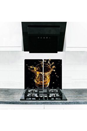  Cam Ocak Koruyucu ve Kesim Tablası Altın Bardak (60cm x 52cm) 2 Parça, 4'lü Ocaklar
