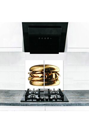  Ocak Arkası Koruyucu ve Kesim Tablası Altın Burger (60cm x 52cm) 2 Parça, 4'lü Ocaklar