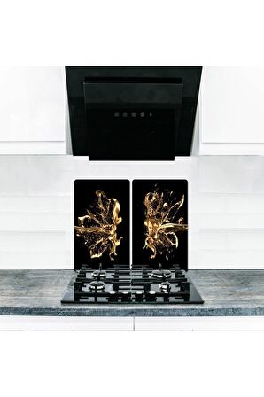  Cam Ocak Koruyucu ve Kesim Tablası Altın Civa (60cm x 52cm) 2 Parça, 4'lü Ocaklar