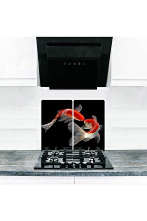  Cam Ocak Koruyucu ve Kesim Tablası İkizler (60cm x 52cm) 2 Parça, 4'lü Ocaklar