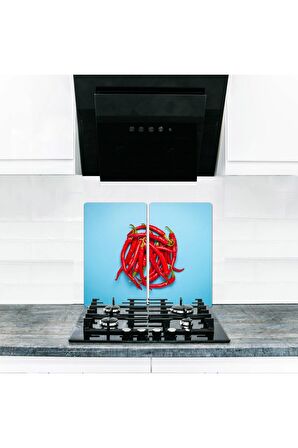  Cam Ocak Koruyucu ve Kesim Tablası Kızıl (60cm x 52cm) 2 Parça,4'lü Ocaklar