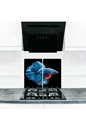  Cam Ocak Koruyucu ve Kesim Tablası Mavi Balık (60cm x 52cm) 2 Parça, 4'lü Ocaklar