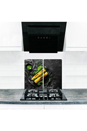  Cam Ocak Koruyucu ve Kesim Tablası Mısır (60cm x 52cm) 2 Parça, 4'lü Ocaklar
