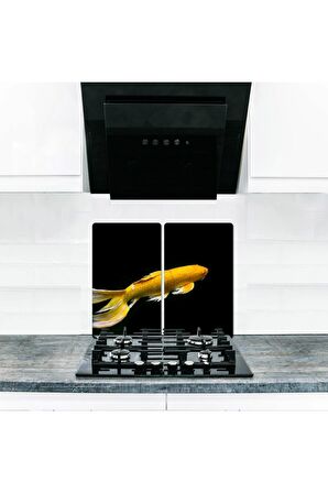  Cam Ocak Koruyucu ve Kesim Tablası Sarı Balık (80cm x 52cm) 2 Parça, 5'li Ocaklar