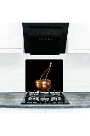 Cam Ocak Arkası Koruyucu ve Kesme Tablası Altın Kiraz| 50 cm x 56 cm
