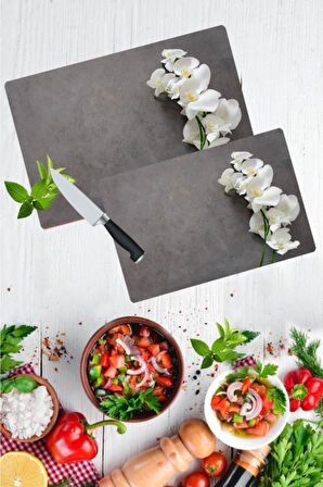2'li Takım Gri Fon Beyaz Taş Desen Görünümlü Takım Cam Kesme Tahtası - Cam Kesim Tablası 20x30 & 30x40