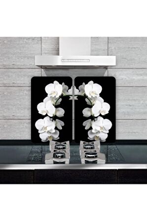 Dekoratif Cam Ocak Koruyucu ve Kesim Tahtası Beyaz Orkide 60cm x 52cm 2 Parça, 4'lü Ocaklar