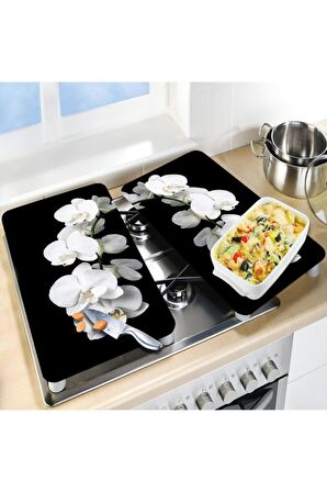 Dekoratif Cam Ocak Koruyucu ve Kesim Tahtası Beyaz Orkide 60cm x 52cm 2 Parça, 4'lü Ocaklar