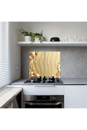 Dekoratif Cam Ocak Koruyucu Ve Kesim Tahtası Kumsal 60cm X 52cm 2 Parça, 4'lü Ocaklar