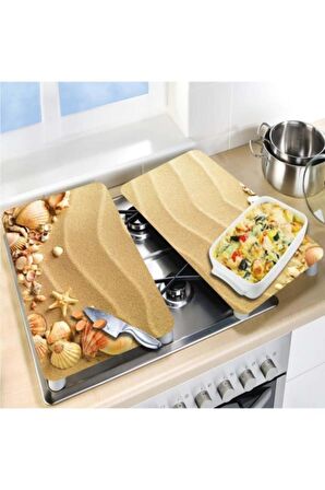 Dekoratif Cam Ocak Koruyucu Ve Kesim Tahtası Kumsal 60cm X 52cm 2 Parça, 4'lü Ocaklar