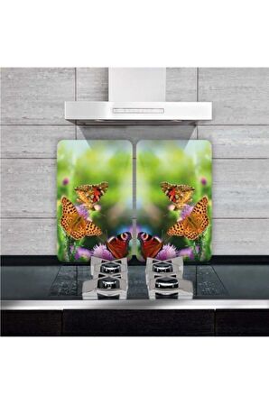 Dekoratif Cam Ocak Koruyucu Ve Kesim Tahtası Renkli Kelebekler 60cm X 52cm 2 Parça, 4'lü Ocaklar