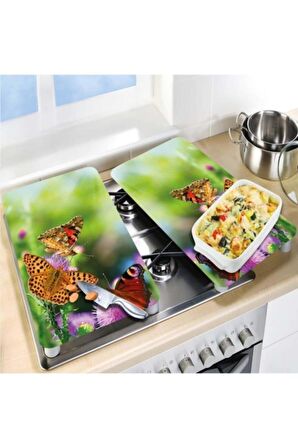 Dekoratif Cam Ocak Koruyucu Ve Kesim Tahtası Renkli Kelebekler 60cm X 52cm 2 Parça, 4'lü Ocaklar