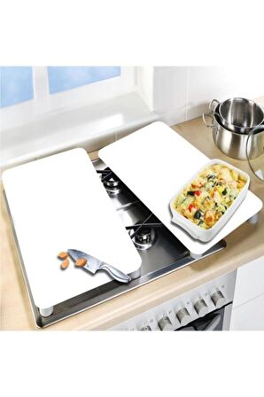 Dekoratif Cam Ocak Koruyucu Ve Kesim Tahtası Düz Beyaz 60cm X 52cm 2 Parça, 4'lü Ocaklar