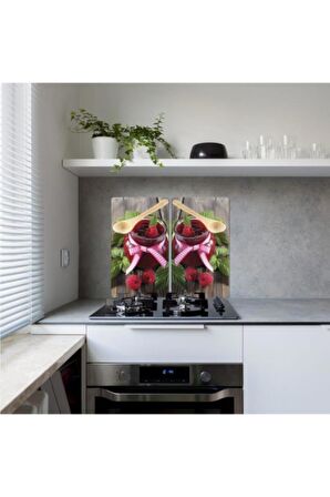 Dekoratif Cam Ocak Koruyucu Ve Kesim Tahtası Raspberry 60cm X 52cm 2 Parça, 4'lü Ocaklar