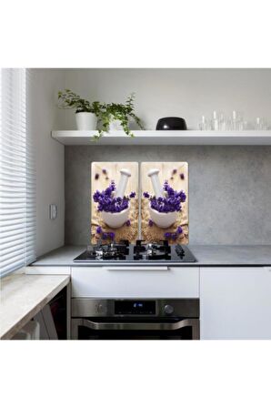 Dekoratif Cam Ocak Koruyucu Ve Kesim Tahtası Şifalı Otlar 60cm X 52cm 2 Parça, 4'lü Ocaklar