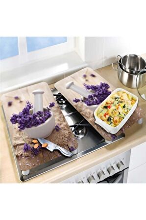 Dekoratif Cam Ocak Koruyucu Ve Kesim Tahtası Şifalı Otlar 60cm X 52cm 2 Parça, 4'lü Ocaklar