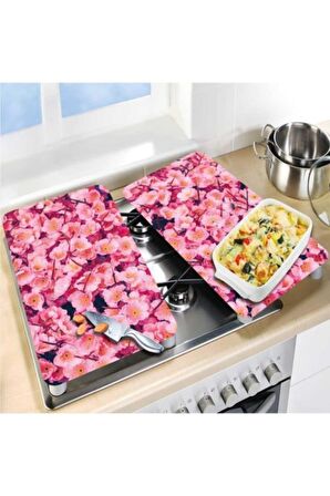 Dekoratif Cam Ocak Koruyucu Ve Kesim Tahtası Yapay Çiçek 60cm X 52cm 2 Parça, 4'lü Ocaklar