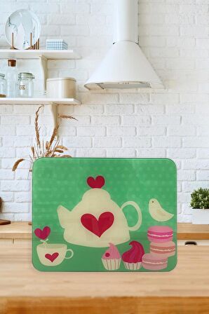  30cm X 40cm Cam Kesim Tablası  Yeşil çaydanlık