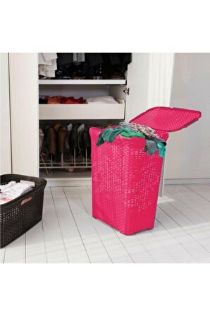 Hasır Desenli Plastik Çamaşır Sepeti Pembe