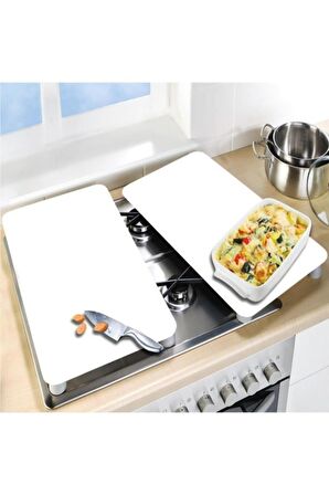Cam Ocak Koruyucu Ve Kesim Tablası Düz Beyaz (80cm X 52cm) 2 Parça, 5'li Ocaklar