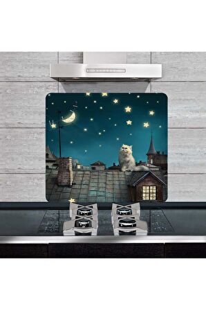 Dekoratif Cam Ocak Arkası Koruyucu ve Kesme Tahtası Kedi  (50cm x 56cm) Tek Parça