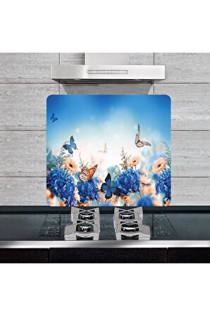 Dekoratif Cam Ocak Arkası Koruyucu ve Kesme Tahtası Kelebek  (50cm x 56cm) Tek Parça