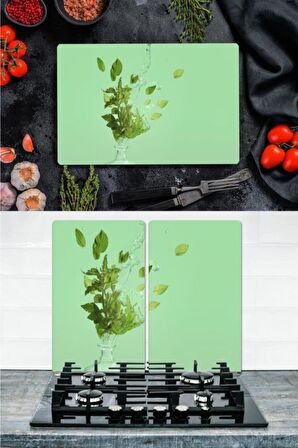 Takım Halinde Nane  20x30 cm Kesme Tablası ve 60x52cm Cam Ocak Koruyucu 4'lü Ocaklar