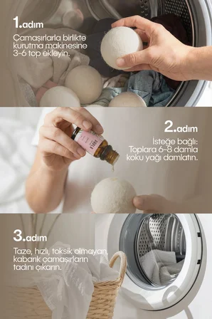Çamaşır Yün Kurutma Topu ve Koku Seti - Kurutma Makinesi İçin - 3 Adet Top
