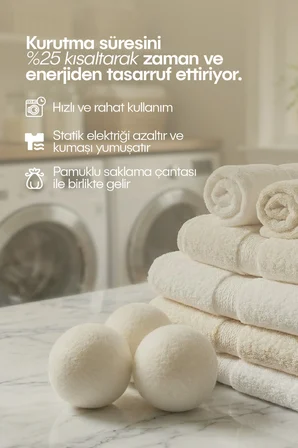 Çamaşır Yün Kurutma Topu ve Koku Seti - Kurutma Makinesi İçin - 3 Adet Top