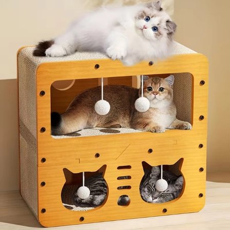 Ahşap İki Katlı Tırmalamalı Kedi Oyun Evi
