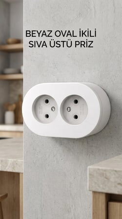 Beyaz Çift Girişli Topraklı Sıva Üstü Elektrik Prizi, Modern Tasarım