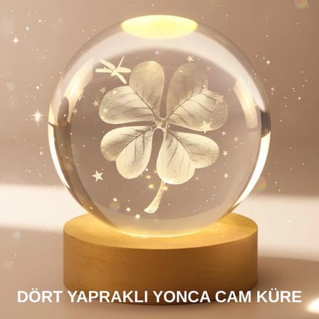 Bitki Temalı LED Işıklı Cam Küre Ahşap Standlı Modern Gece Lambası