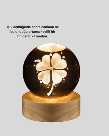 Bitki Temalı LED Işıklı Cam Küre Ahşap Standlı Modern Gece Lambası