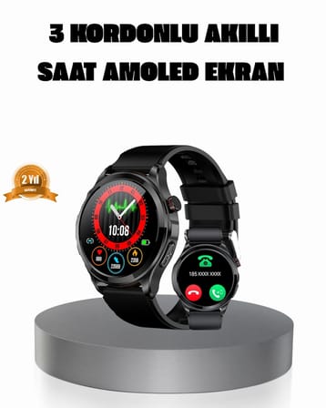 AMOLED Ekranlı Smartwatch – 3 Kordonlu, Kalp Atış & Uyku Takipli Akıllı Saat