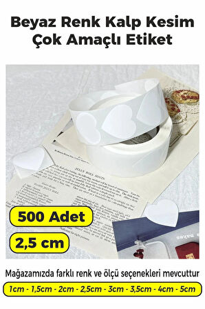 Kalp Kesim Beyaz Renk Etiket - 2,5cm 500 Adet