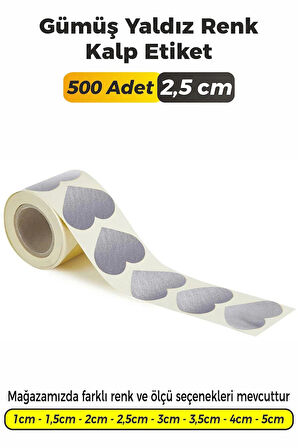 Kalp Kesim Gümüş Yaldız Renk Etiket - 2,5cm 500 Adet