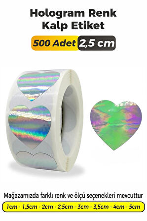 Kalp Kesim Hologram Renk Etiket - 2,5cm 500 Adet