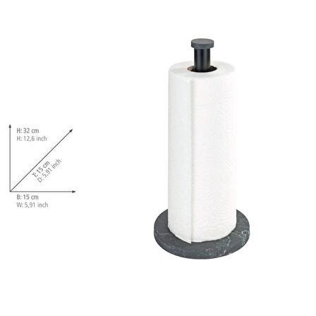 Saban Siyah Mermer Görünümlü Kağıt Havlu Tutucu - Mermer Desenli Plastik Taban, Siyah Metal Çubuk 15x32 cm 