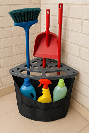 Saban Köşe Tipi Çok Amaçlı Temizlik Seti Organizeri – Süpürge, Faraş ve Temizlik Malzemesi Düzenleyici