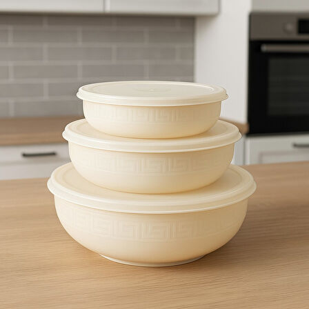 Krem Rengi Yuvarlak Plastik Saklama Kabı Seti – 3’lü (5 L, 2.7 L, 1.5 L)