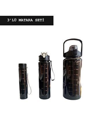 Siyah, 3’lü Set - Sticker’lı Pipetli Matara Seti - 2000ml,900ml,300ml