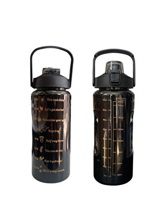 Siyah, 3’lü Set - Sticker’lı Pipetli Matara Seti - 2000ml,900ml,300ml